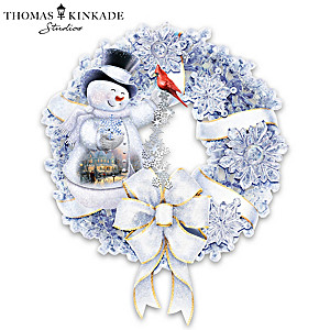 Thomas Kinkade Wreath With Lights And Crystalline Snowflakes