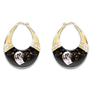 Shih Tzu Gold-Toned Hoop Earrings With Crystals