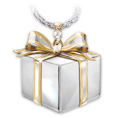 Mom, A Gift Of Love Sterling Silver Diamond Gift Box Pendant Necklace: Gift For Mothers