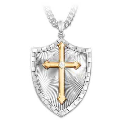Mens Stainless-Steel Cross-Scripture-Shield Pendant Necklace USA-Flag Patriot Jewelry Chain 21.7 inch