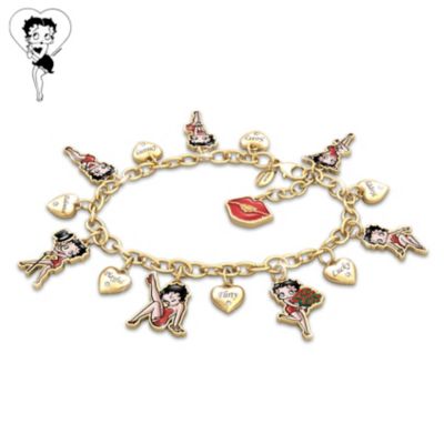 Betty Boop Themed Charms Bracelet Red Lips Lipstick Shoe Love Heart In Gift Bag