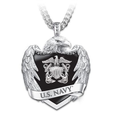 U.S. Navy Mens Stainless Steel Eagle Shield Pendant Necklace