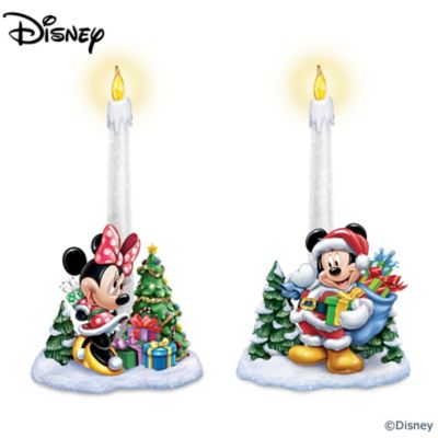Disney Heartwarming Holidays Flickering Flameless Candle Set Featuring Hand Painted Mickey Mouse And Minnie Mouse In Holiday Outfits With Each Base Adorned With Gifts Glittery Snow