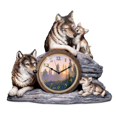 WOLF PAIR CLOCK AFFECTIONATE WOLVES GREY RUSTIC 30CM 12" WOODEN WALL CLOCK GIFT 