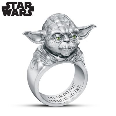 Star Wars Mens Stainless Steel Yoda Sculpted Ring Featuring Green Crystal Eyes