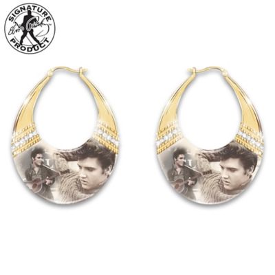 Elvis Presley Burning Love Gold-Toned Hoop Earrings Adorned With A Montage Of Elvis Art And 12 ...