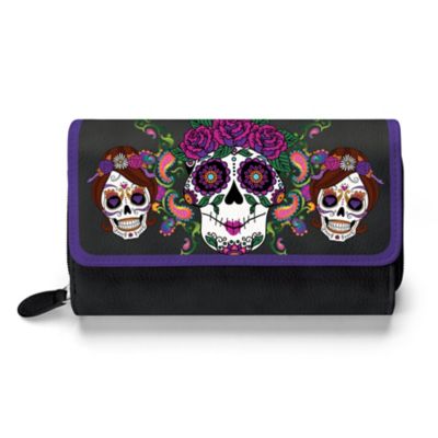 Womens Wallet bifold Leather Sugar skull day of the dead artwork wallet 