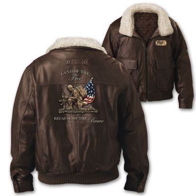 Freedom For All Mens Brown Leather Bomber Jacket Featuring An Applique ...