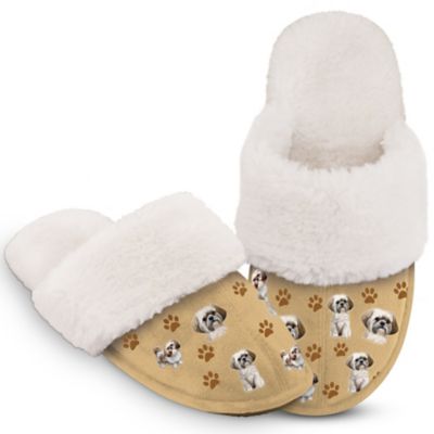 Shih Tzu Womens Tan Faux Suede Slippers Adorned With An All Over