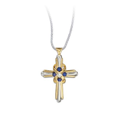 Heaven's Eternal Promise Sapphire Diamond Cross Pendant Necklace