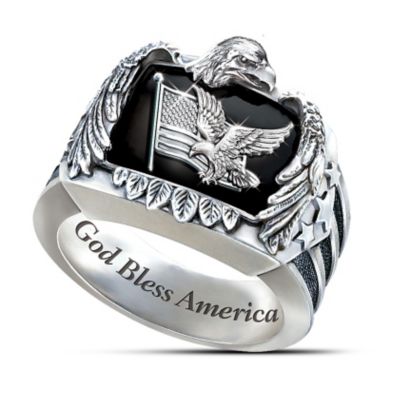 Patriotic American Eagle Mens Sterling Silver Ring