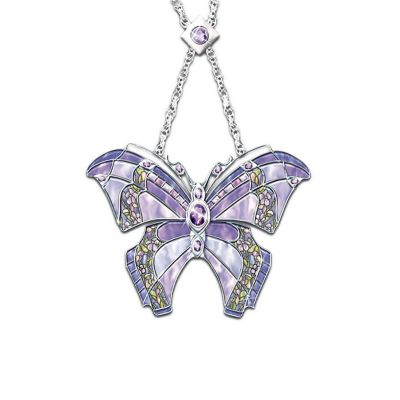 Era Of Louis Tiffany Style Shimmering Wings Amethyst Butterfly Necklace