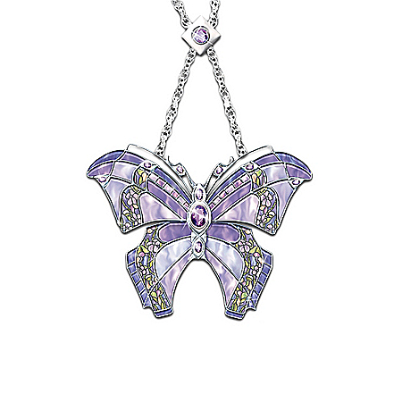 Era Of Louis Tiffany Style Shimmering Wings Amethyst Butterfly Necklace