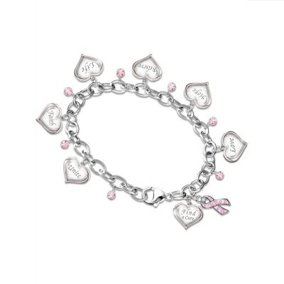 Circle Of Hope Engraved Heart Charm Bracelet: Breast Cancer Awareness Jewelry Gift