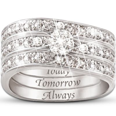 Engraved Diamond Womens Three Band Rings