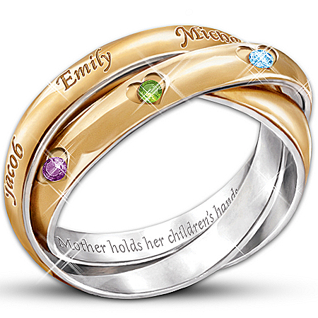 A Heartfelt Bond Personalized Birthstone Trinity Ring: Engraved Jewelry Gift For Mom