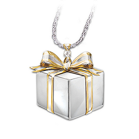 Mom, A Gift Of Love Sterling Silver Diamond Gift Box Pendant Necklace: Gift For Mothers
