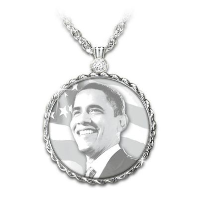 Barack Obama Commemorative Solid Sterling Silver Diamond Pendant Necklace