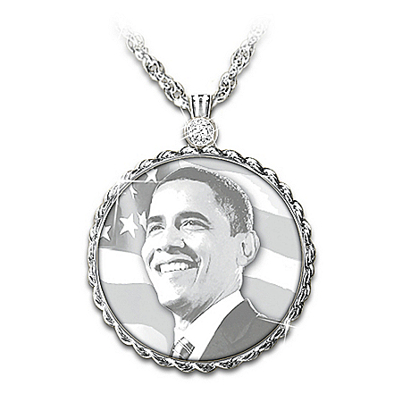Barack Obama Commemorative Solid Sterling Silver Diamond Pendant Necklace