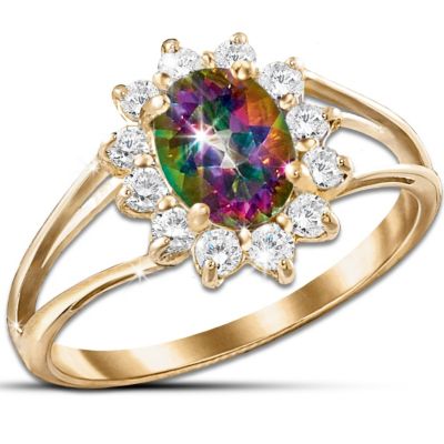 Yellow Gold And Mystic Topaz Ring: Jewelry Gift For Her