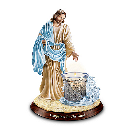 Jesus Christ Inspirational Candleholder: Footprints In The Sand