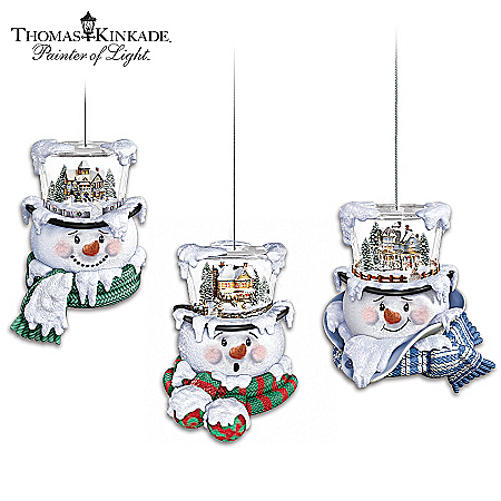 Thomas Kinkade Top Of The Season Snowman Ornament Collection Set One: Set Of 3