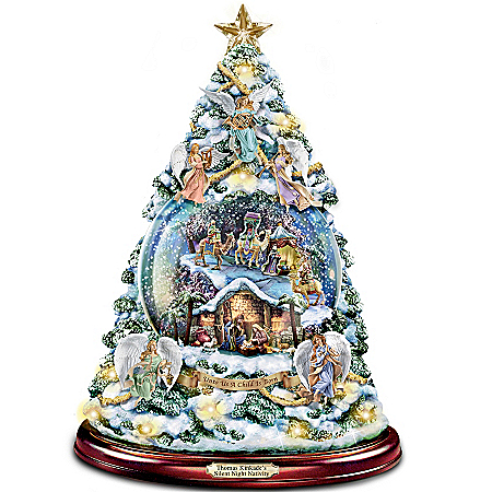 Thomas Kinkade Silent Night Nativity Tabletop Christmas Tree With Swirling Snow