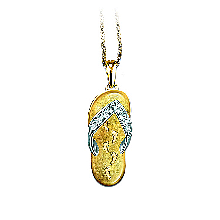 Footprints In The Sand Flip Flop Religious Crystal Pendant Necklace