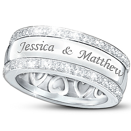 Personalized Name-Engraved Solid Sterling Silver Diamond Ring: Our Forever Love