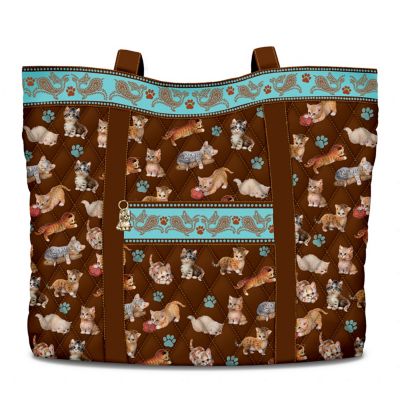 The Kitten Capers Quilted Tote Bag With Matching Cosmetic Cases