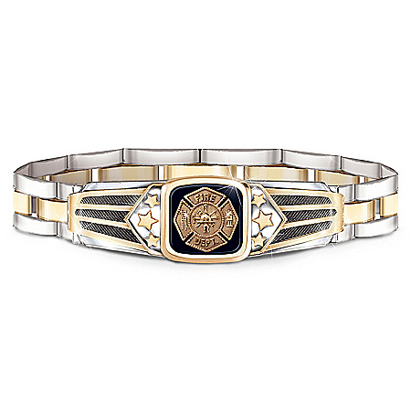 Firefighters Bracelet For Men: Stainless Steel With Black Onyx Center Stone