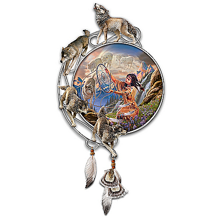 Spirit Of The Wolf Collector Plate: Over 1-Foot Tall With Real Feathers And Beads