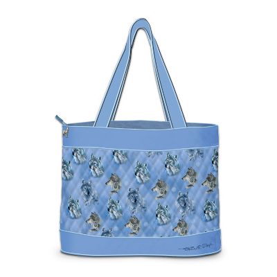 Quilted Wolf Art Tote Bag With 2 Free Matching Cosmetic Cases: Spirit Of The Wilderness