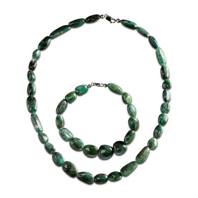 Natural Beauty: Necklace And Bracelet Set With Rough-Cut Natural Emeralds