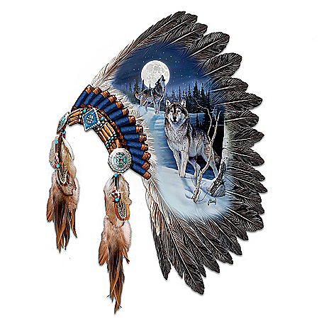 Replica Warrior Headdress With Wolf Art Wall Decor: Moonlit Majesty