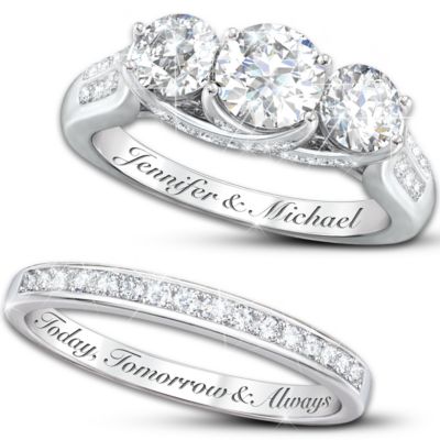 Diamonesk Personalized Engraved Engagement Ring And Wedding Band Set