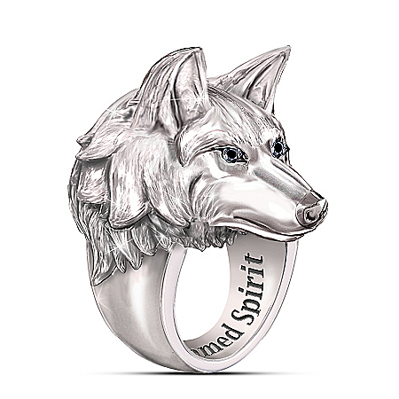 Leader Of The Pack Mens Stainless Steel Wolf Ring With Black Sapphires