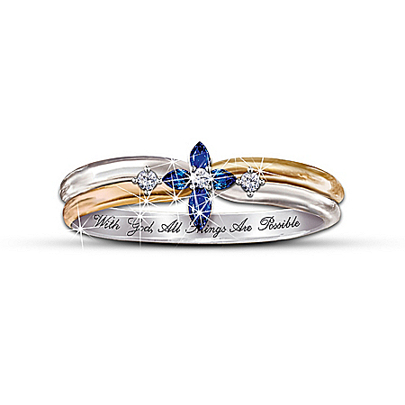 The Trinity Sapphire And Diamond Cross Women's Ring: Engraved Religious Jewelry