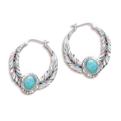Sedona Sky Genuine Turquoise Cabochon Womens Hoop Earrings