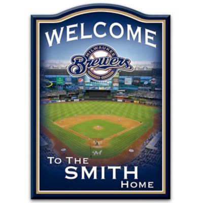 MLB-Licensed Milwaukee Brewers Personalized Wooden Welcome Sign Featuring Miller Park