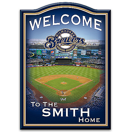 MLB-Licensed Milwaukee Brewers Personalized Wooden Welcome Sign Featuring Miller Park