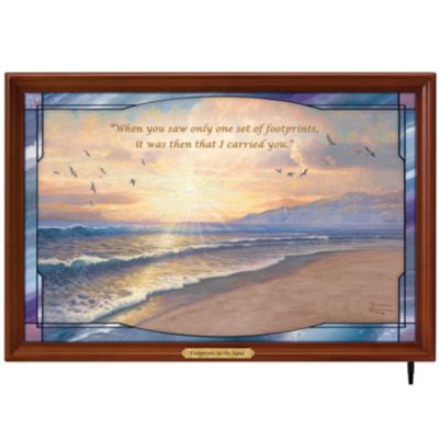 Wall Decor: Thomas Kinkade Footprints In The Sand Illuminated Stained Glass Panorama