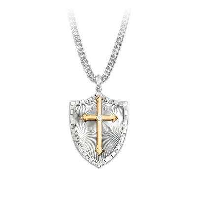 Necklace: Strength In The Lord Mens Shield Cross Diamond Pendant Necklace