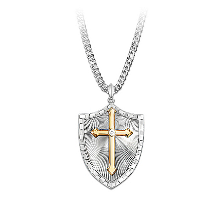 Necklace: Strength In The Lord Men's Shield Cross Diamond Pendant Necklace