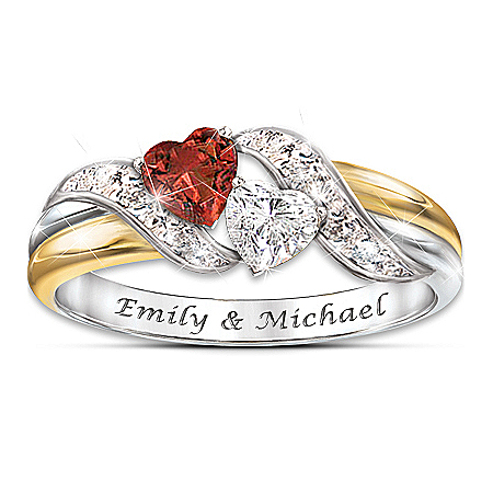 Hearts Of Love Red Garnet And White Topaz Personalized Embrace Womens Ring
