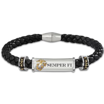 USMC Semper Fi Personalized Mens Braided Black Leather ID Bracelet