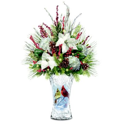 Winter Cardinals Crystal Table Centerpiece With Frosted Vase