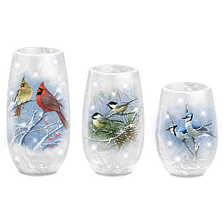 James Hautman Winter's Frost Songbird Candleholder Set