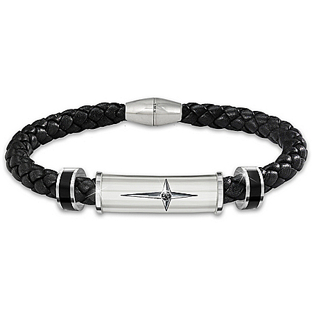 Bracelet: Foundation Of Faith Stainless Steel & Leather Braided Cross Mens Bracelet