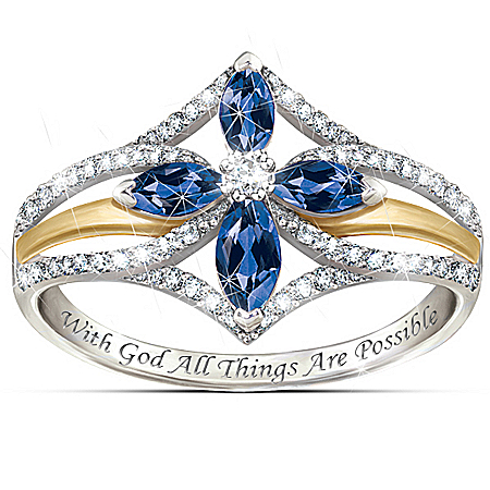 The Promise Of Faith Sapphire And White Topaz Womens Cross Ring